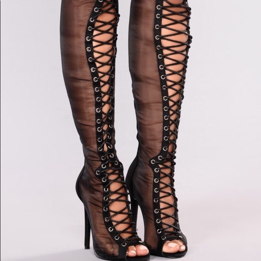 Liliana Mesh Thigh High Open Toe Boots